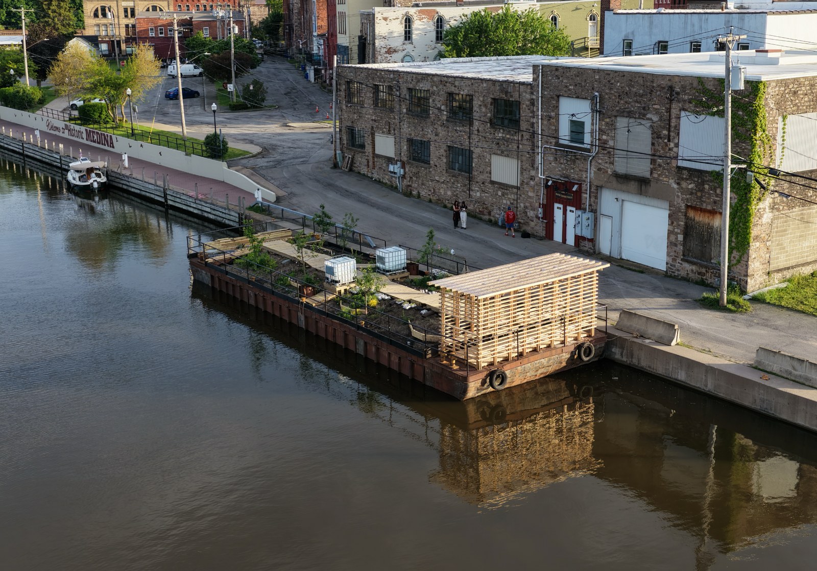 Elevated view of Mary Mattingly’s Floating Garden barge on the Erie Canal