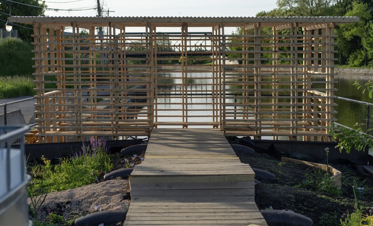 Mary Mattingly's Floating Garden on the Erie Canal during the Medina Triennial