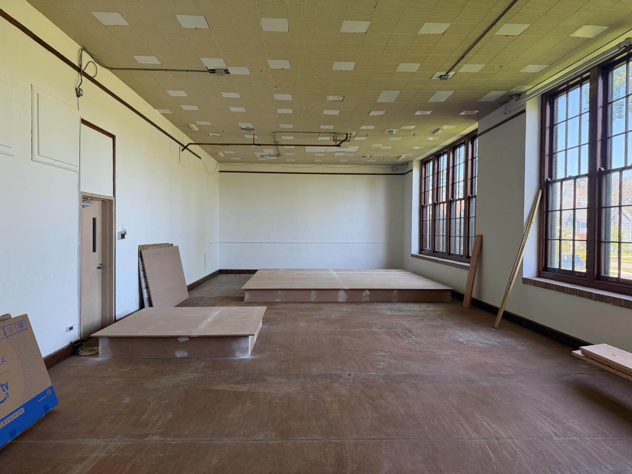 Unfinished display platforms in a gallery at the former Medina High School