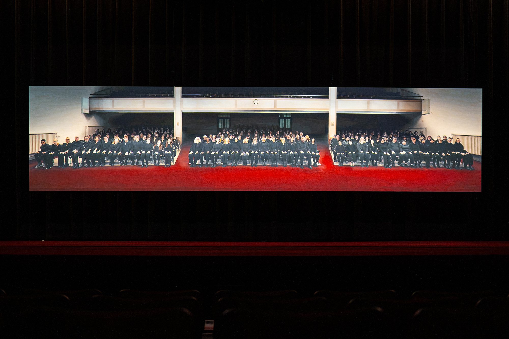 Tania Candiani’s Two Waters projected across the theater screen, viewed from the auditorium